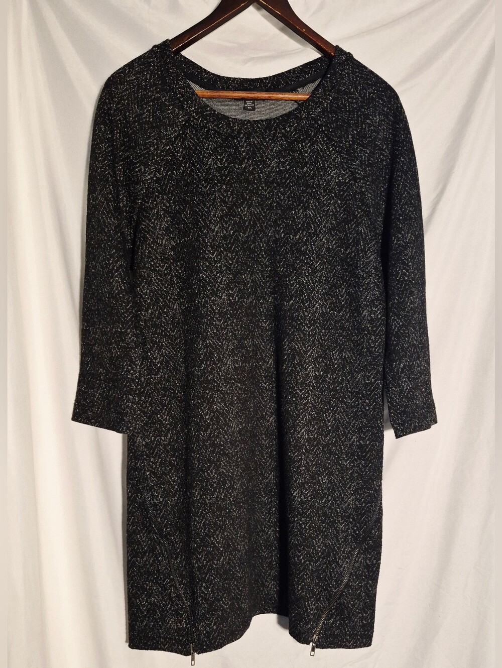 le chateau Black Textured Long Sleeve Shift Dress with Subtle Speckle